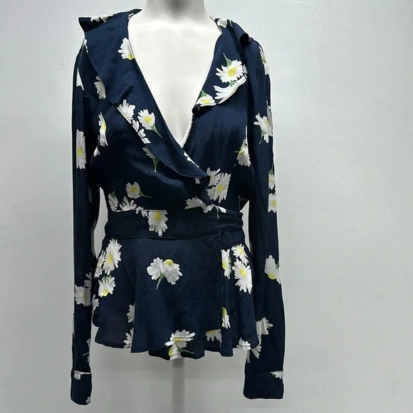 Ganni Blouse Wrap Top Long Sleeve Shirt V-Neck Floral Daisy Navy Blue Size US XS - Picture 2 of 13